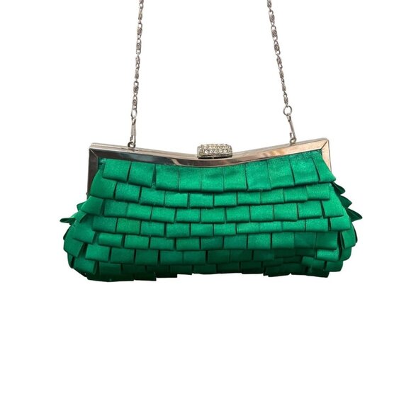 Lulu Townsend Women's Green Folded Ribbon Rhinestone Clasp Evening Clutch Sz M - Picture 5 of 10
